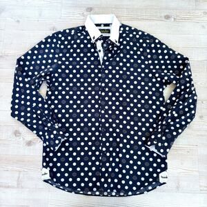 Banana Lemon Printed Contrast Collar Button Up Dress Shirt | Navy M‎